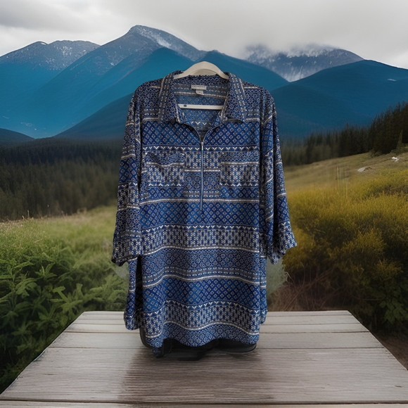 Catherines Tops - Catherines 2X Nice Blue Multi Pattern Tunic Zip Collar Pockets Slits 3/4 Sleeve